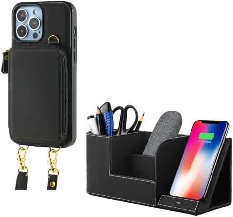 Настолна Поставка за безжично зарядно устройство OUTXE + Чанта-портфейл за iPhone 13 Pro Max, Кожен Калъф-портфейл за