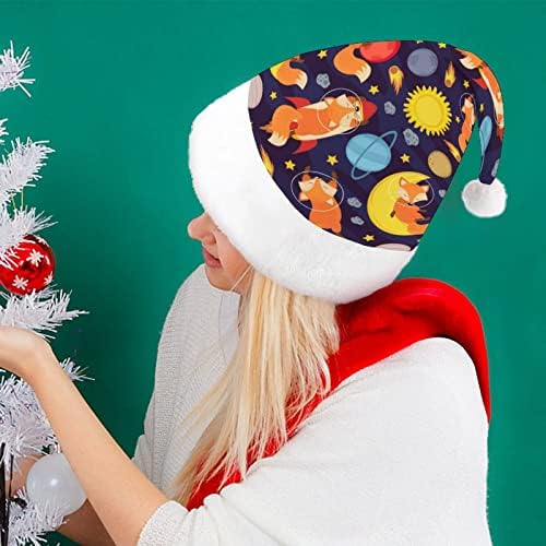Сладка коледна шапка с лисици ръка в космоса, мек плюшен шапчица Дядо Коледа, забавна шапчица за коледно новогодишната