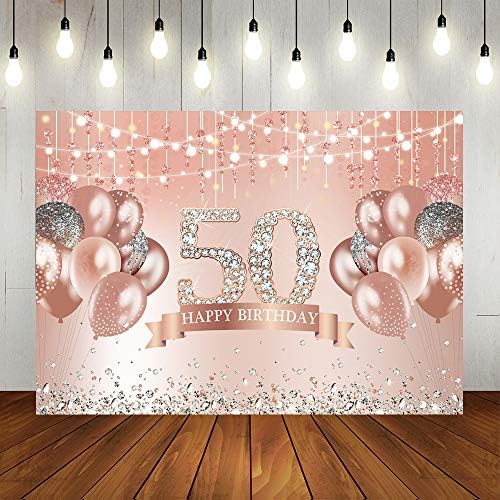 Lofaris Розово Злато С 50-годишнината Фон За Снимки С Блестящи Диаманти и балони, на Фона на Рожден Ден, Петдесетгодишен