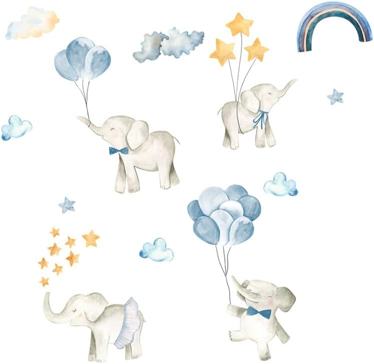 Mirabuy Акварел Синьо-Сив Слон с Балони, Стикери за Стена, Раднево, Малка Звезда и Облак, Стенен Декор за Детска Стая