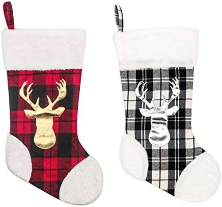 QinYing 18-инчов Червено-Сиво-Комплект от 2 теми с Изображение на Елен, Коледни Чорапи, Окачен Коледни Чорапи за Коледна