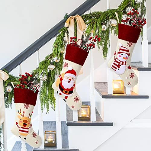 Коледни Чорапи от Зебло Festisoul, 3 опаковки с Бродирани Сантой, Снеговиком, Елени, Прекрасна Коледна Украса за Камината,