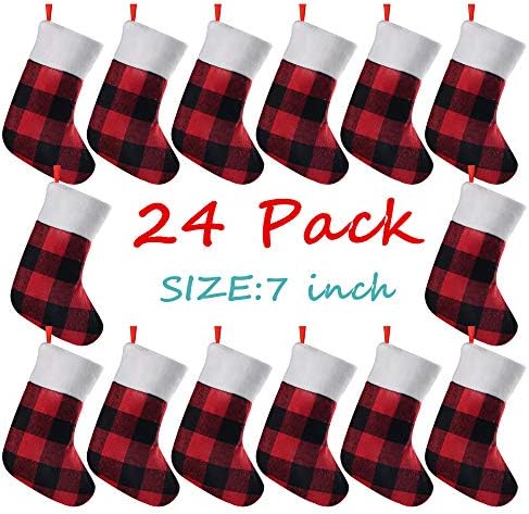 QBSM 24 Опаковки Мини-Коледни Чорапи, Малки Чорапи в клетката цвят Биволско 7 инча с Плюшени белезници, Коледни Класически