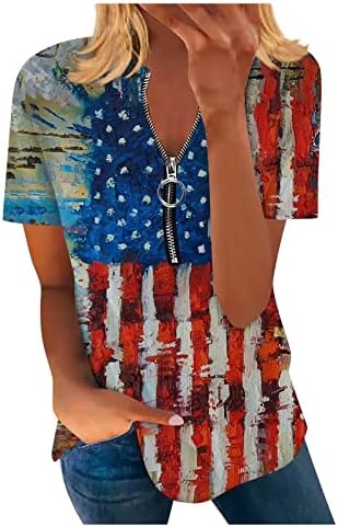 Дамски Блузи с къс ръкав, Американски Флаг, на 4 Юли, Графичен Топ С кръгло деколте и цип, Свободна начинът, по който