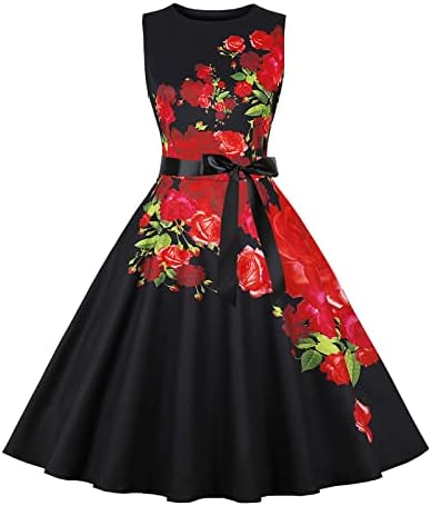 Жена Винтажное един Коктейл рокля на 1950-те години с Цветен Модел, Вечерна Чаено Рокля Без ръкави, Рокли Midi Трапецовидна